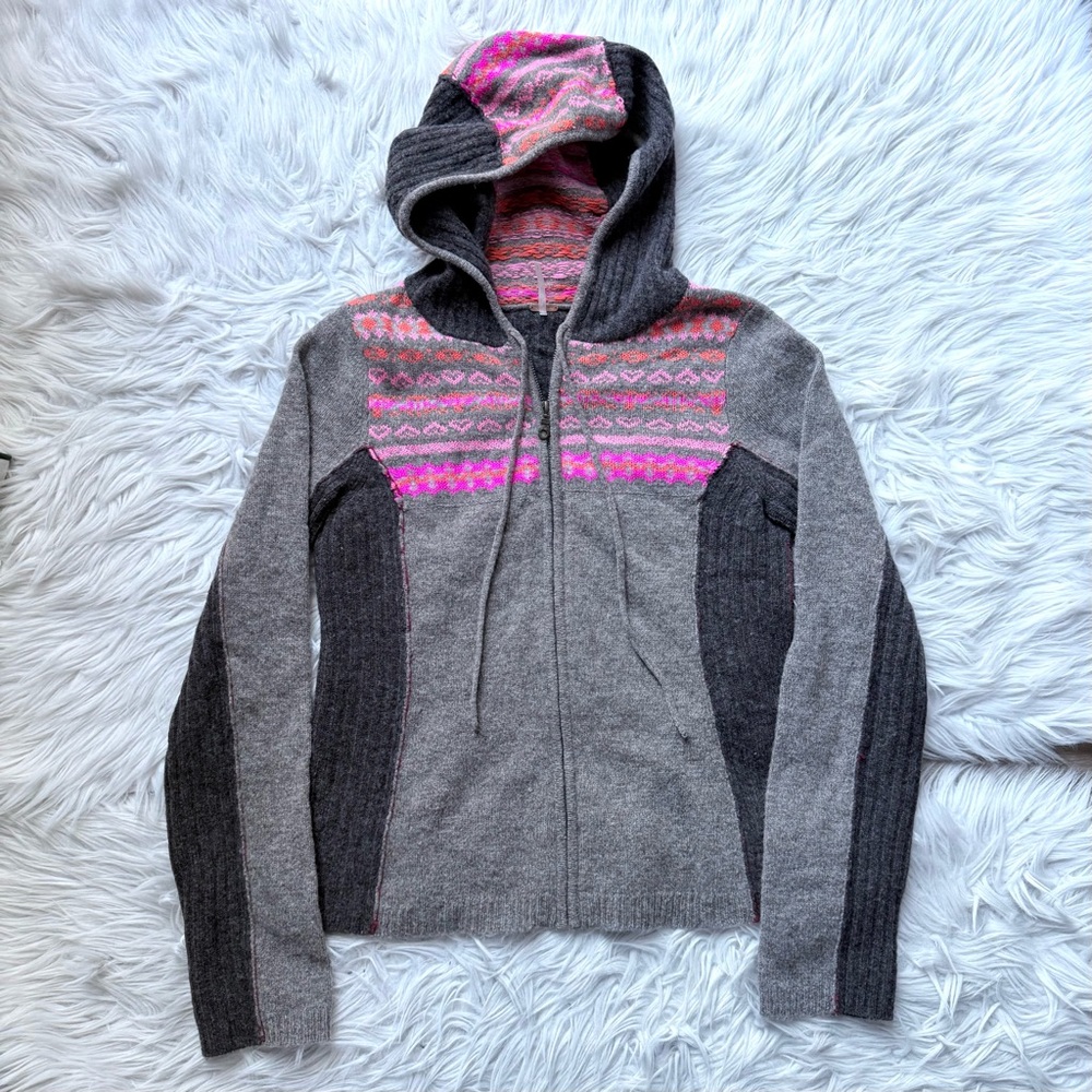 Free People Y2K full zip wool blend hooded sweater color block heart fair isle L